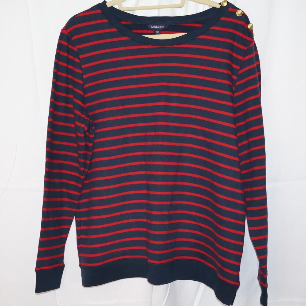 Lands End Crew Neck Cranberry Blue Strip Top Size XL 18 Long Sleeves Pullover